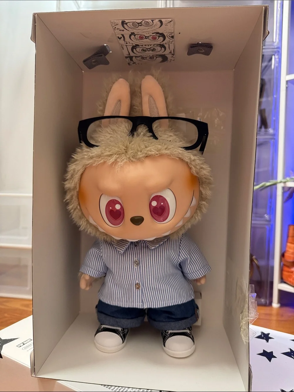 Labubu Plush Display Shelf Accent - Cream Fur Character in Blue Outfit